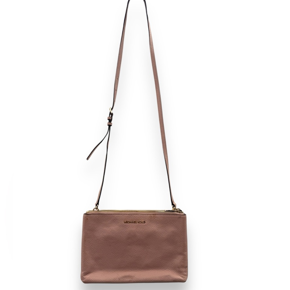 Michael Kors Trisha Medium Pebbled Leather Pink Cream Logo Print Crossbody Bag